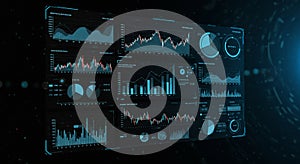 Digital interface displaying multiple data visualizations, including line graphs, bar