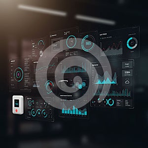 Digital interface displaying multiple data visualizations on transparent screens.
