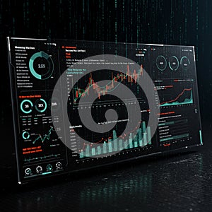 Digital interface displaying multiple financial charts and data analytics. The screen