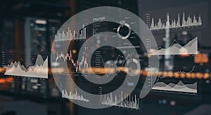 Digital interface displaying multiple financial charts and graphs set against a blurred