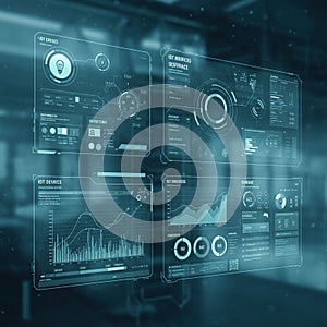 Digital interface displaying multiple futuristic data panels. Each panel includes various