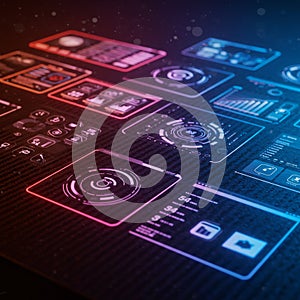A digital interface displaying multiple futuristic, holographic elements with circular