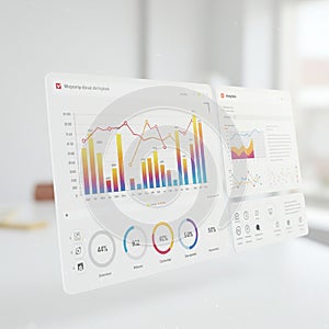 Digital interface displaying multiple panel charts with bar graphs, line graphs, and