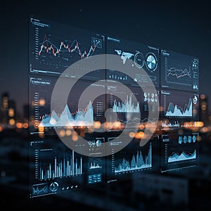 Digital interface displaying multiple transparent data panels with charts and graphs,