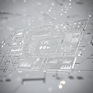 Digital interface displaying multiple transparent screens with graphs, charts, and icons