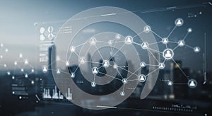 Digital interface displaying a network diagram with interconnected nodes representing