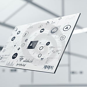 A digital interface displaying a network diagram. Various icons and graphics are