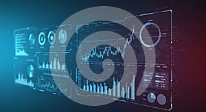 Digital interface displaying various analytical charts, including line graphs, bar graphs,