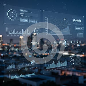 Digital interface displaying various analytics dashboards and data visualizations,