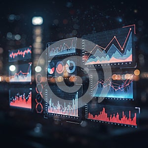 Digital interface displaying various analytics and data visualizations. Line graphs, bar