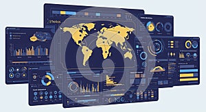Digital interface displaying various charts, graphs, and a world map, all rendered in