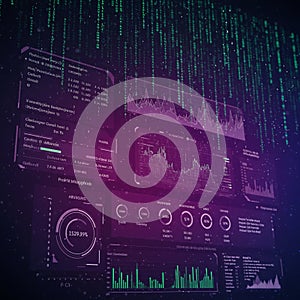 Digital interface displaying various data graphs and charts in a futuristic design. The