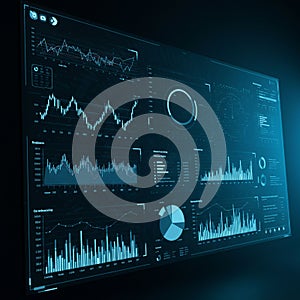 Digital interface displaying various data visualizations. Features include line graphs,