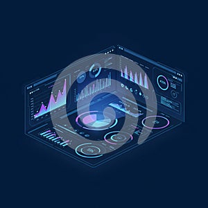 Digital interface displaying various data visualizations in a futuristic style, set against