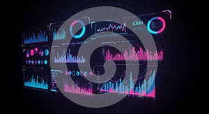 Digital interface displaying various data visualizations, including bar graphs, line