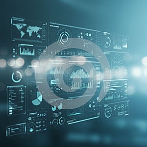 A digital interface displaying various data visualizations, including bar graphs, pie
