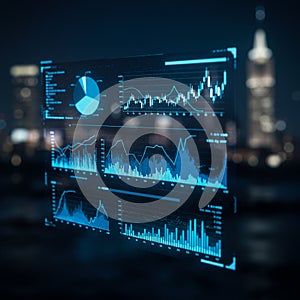 Digital interface displaying various data visualizations, including line and bar graphs,