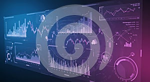 Digital interface displaying various data visualizations, including line graphs, bar