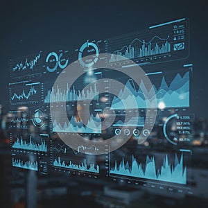 Digital interface displaying various data visualizations, including line graphs, bar
