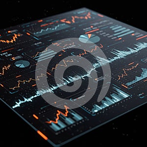 Digital interface displaying various data visualizations, including line graphs, bar