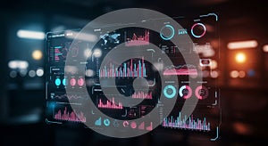 Digital interface displaying various data visualizations, including line graphs, pie
