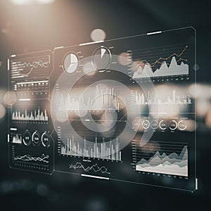 Digital interface displaying various data visualizations, including pie charts, line