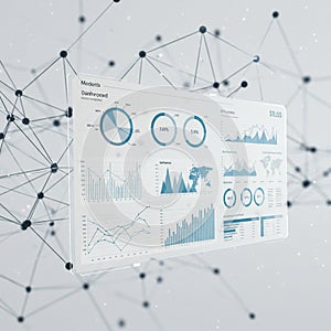 Digital interface displaying various data visualizations, including pie charts, line