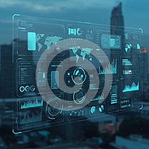 Digital interface displaying various data visualizations, including world maps, bar