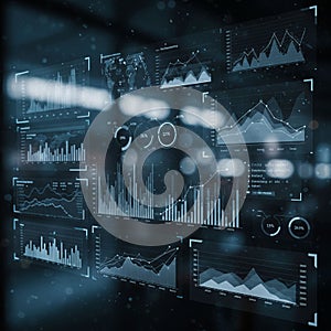 Digital interface displaying various data visualizations on a transparent screen.