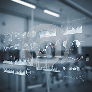Digital interface displaying various financial graphs and charts, including line graphs,