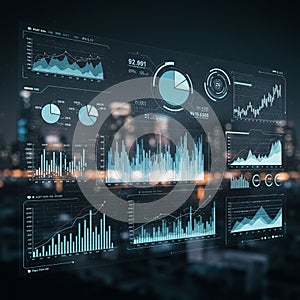 Digital interface displaying various interactive charts and graphs, featuring line, bar,