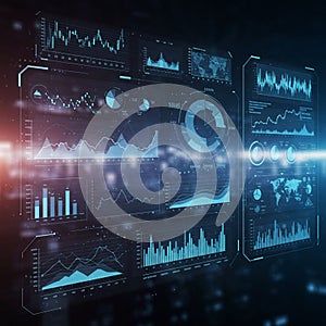Digital interface displaying various types of data visualizations including line graphs,