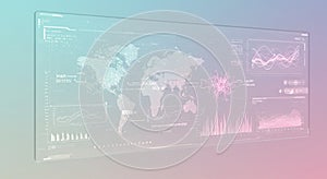 Digital interface displaying a world map with data overlays, graphs, and charts. The