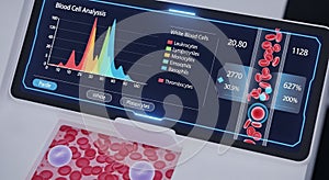 A digital interface displays a blood