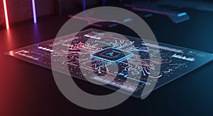 A digital interface displays a circuit board design on a transparent surface, featuring a