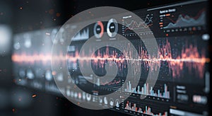 A digital interface displays complex graphs and data visualizations, including line
