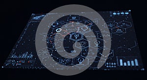 A digital interface displays a complex network of hexagonal nodes interconnected by