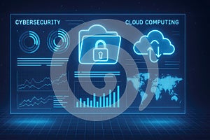 Digital screen displaying cybersecurity and cloud computing data with world map and graphs technology