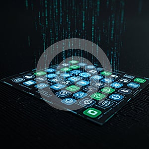 A digital interface displays a futuristic design with a grid of app icons on a transparent