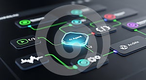 Digital interface with glowing A I agent node and connected data flow technology