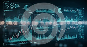 A digital interface displays multiple data visualizations, including bar graphs, line