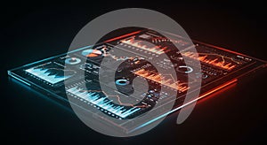 A digital interface displays several data visualizations, including bar graphs, pie
