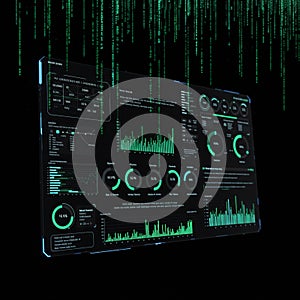 A digital interface displays various data analytics on a dark background. Green line