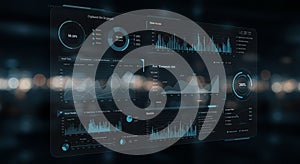 A digital interface displays various data analytics, featuring multiple charts and