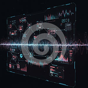 A digital interface displays various data elements, including graphs, waveforms, and