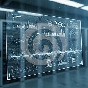A digital interface displays various data visualizations and graphs, including bar