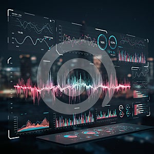 A digital interface displays various data visualizations and graphs, including line