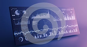 A digital interface displays various data visualizations, including line and bar graphs,