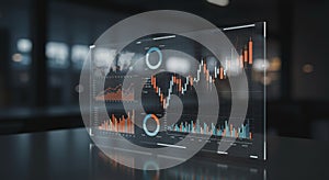 A digital interface displays various data visualizations, including line charts, bar