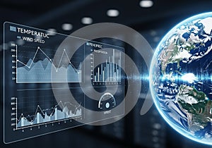 Digital interface displays weather data, including temperature,